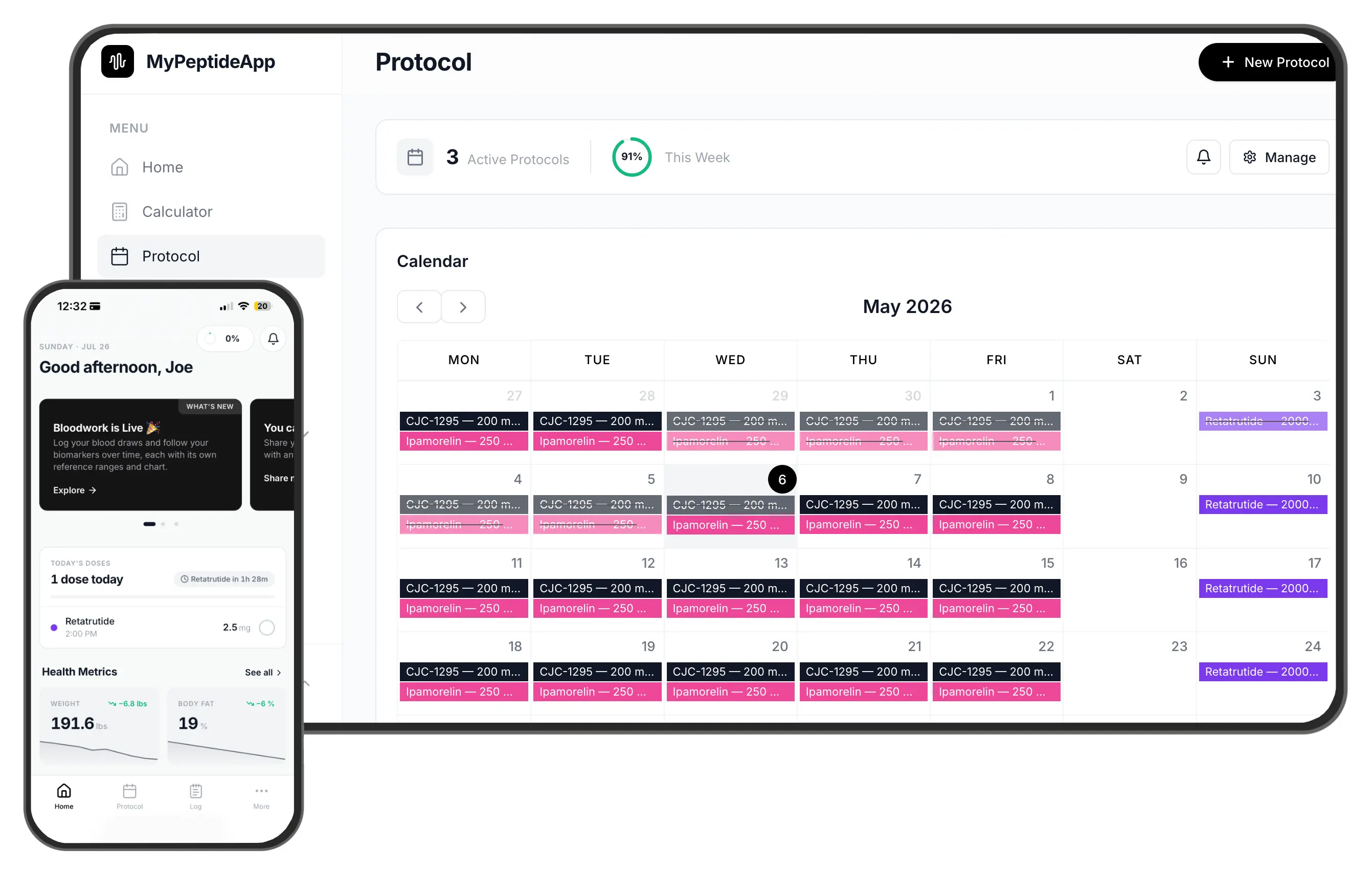 The MyPeptideApp protocol calendar on a tablet next to the daily dose view on a phone