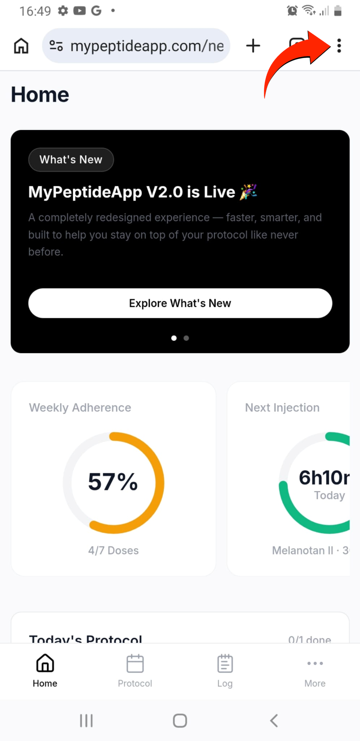 MyPeptideApp open in Chrome with three-dot menu highlighted