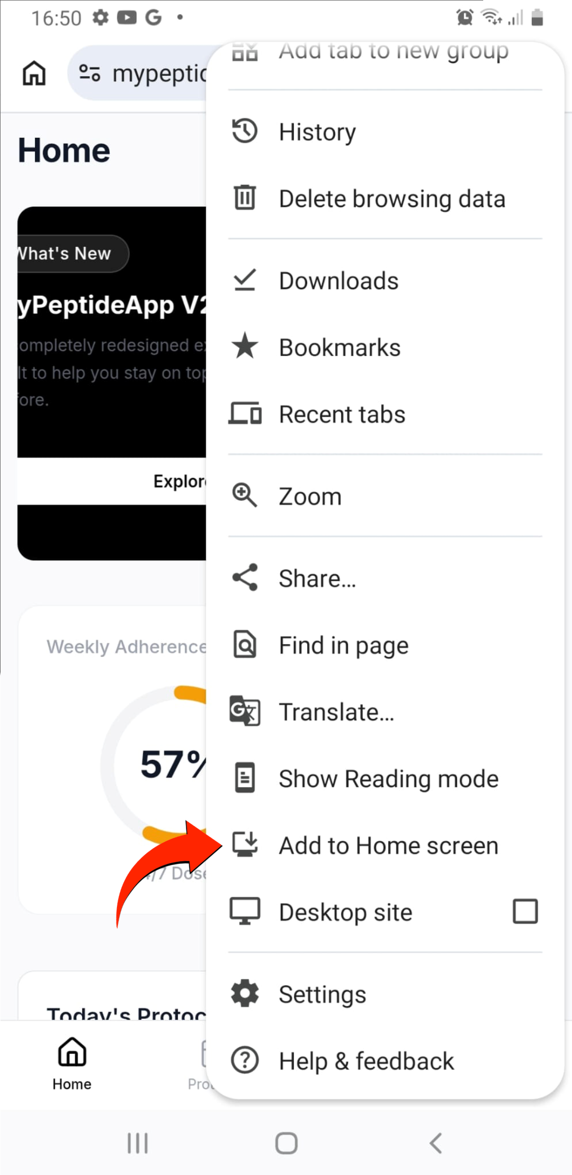 Chrome menu with Add to Home screen option highlighted