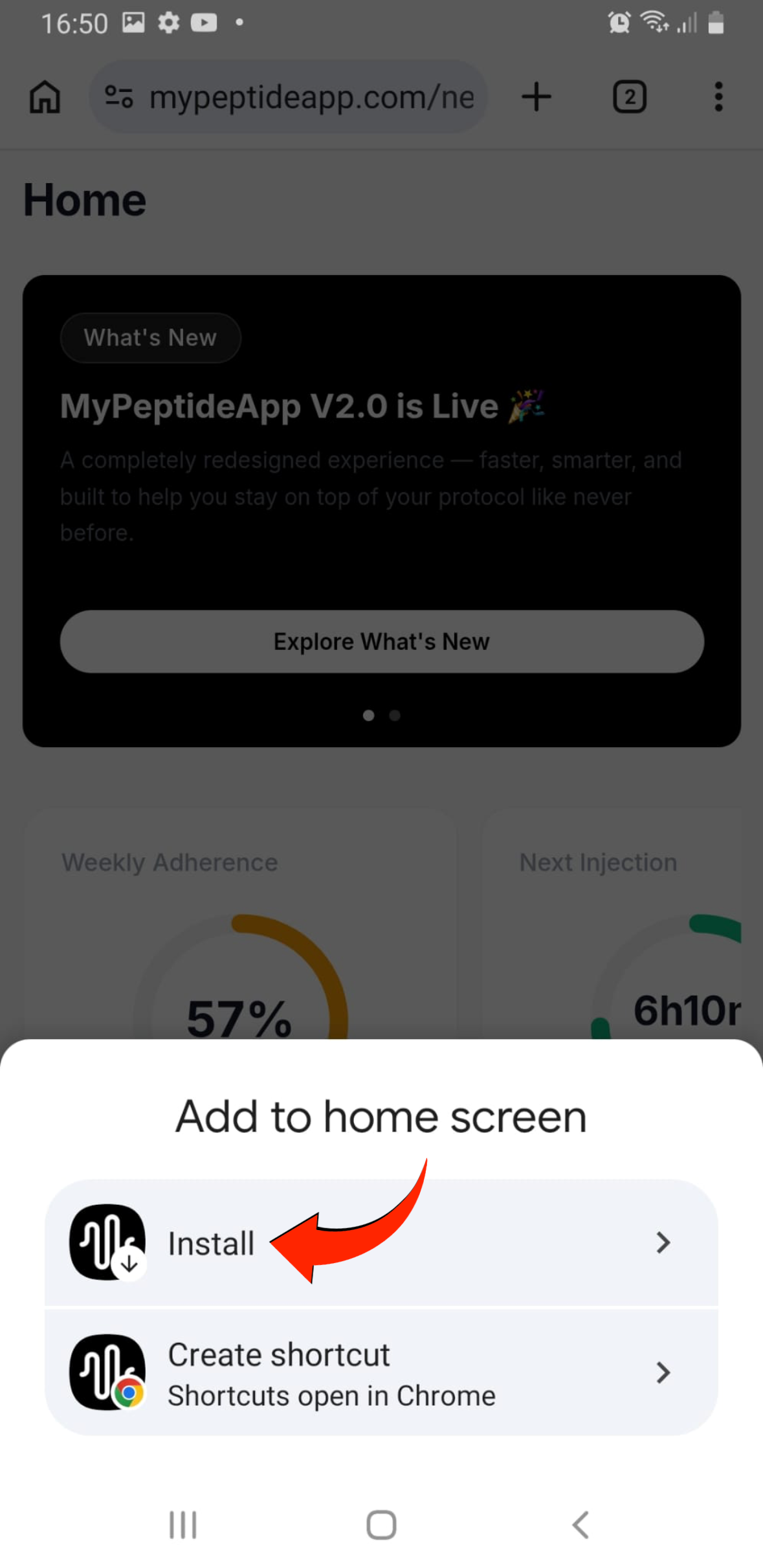 Add to Home screen bottom sheet with Install option highlighted