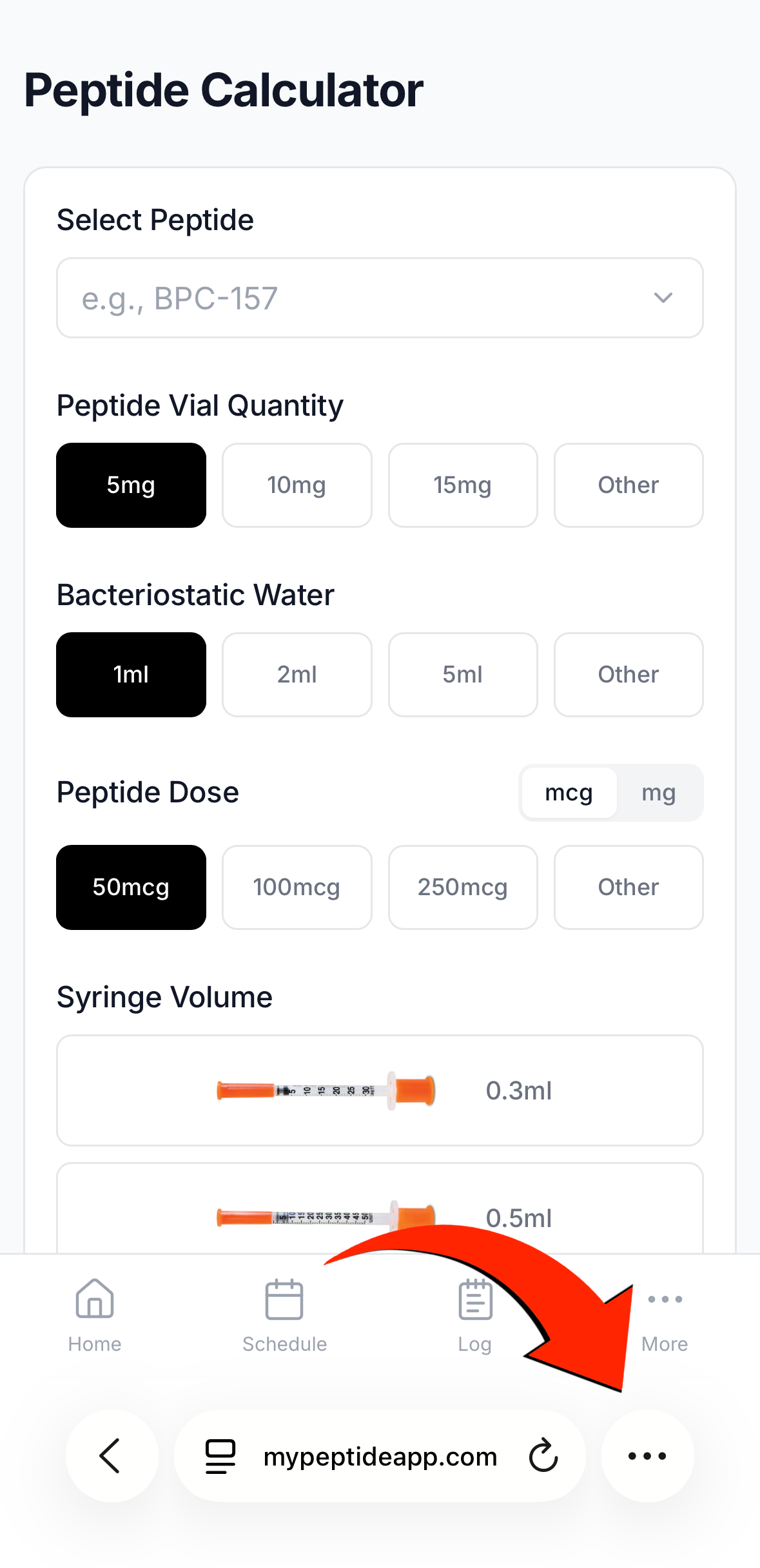 Safari address bar showing mypeptideapp.com